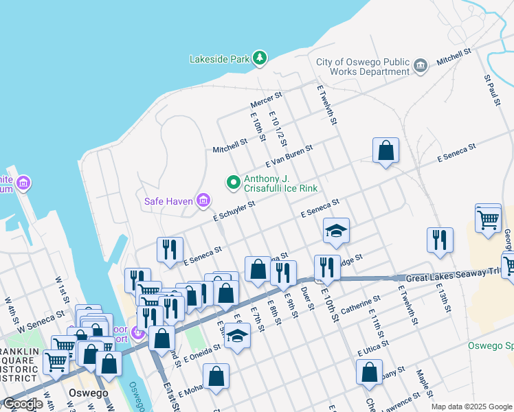 map of restaurants, bars, coffee shops, grocery stores, and more near in Oswego