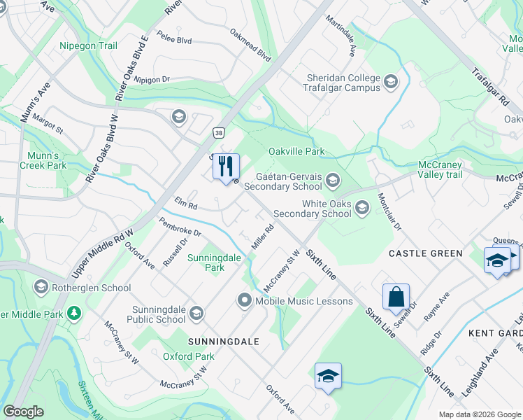 map of restaurants, bars, coffee shops, grocery stores, and more near in Oakville