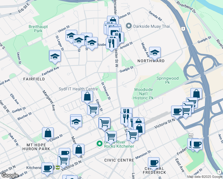 map of restaurants, bars, coffee shops, grocery stores, and more near 20 Hill Street in Kitchener