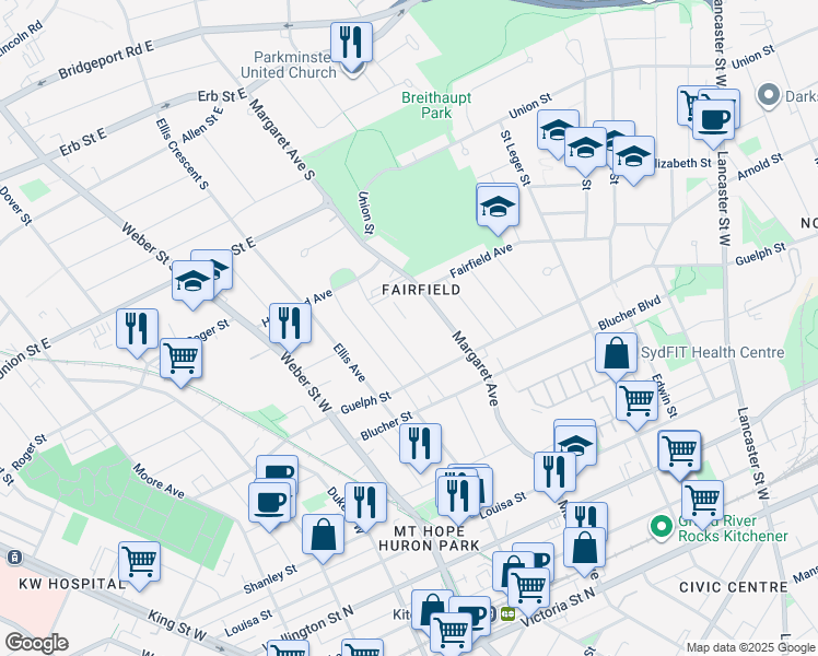 map of restaurants, bars, coffee shops, grocery stores, and more near 305 Margaret Avenue in Kitchener