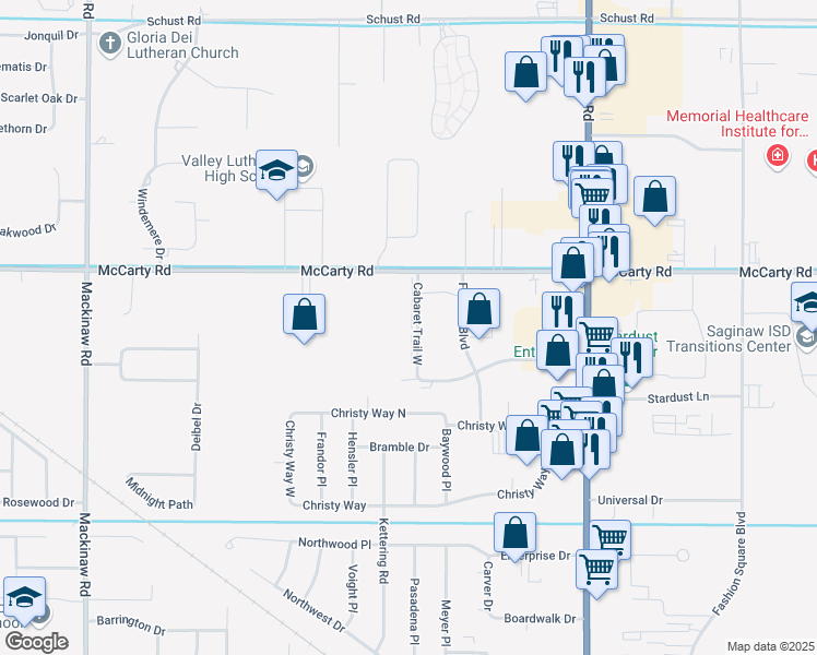 map of restaurants, bars, coffee shops, grocery stores, and more near 3879 Cabaret Trail South in Saginaw