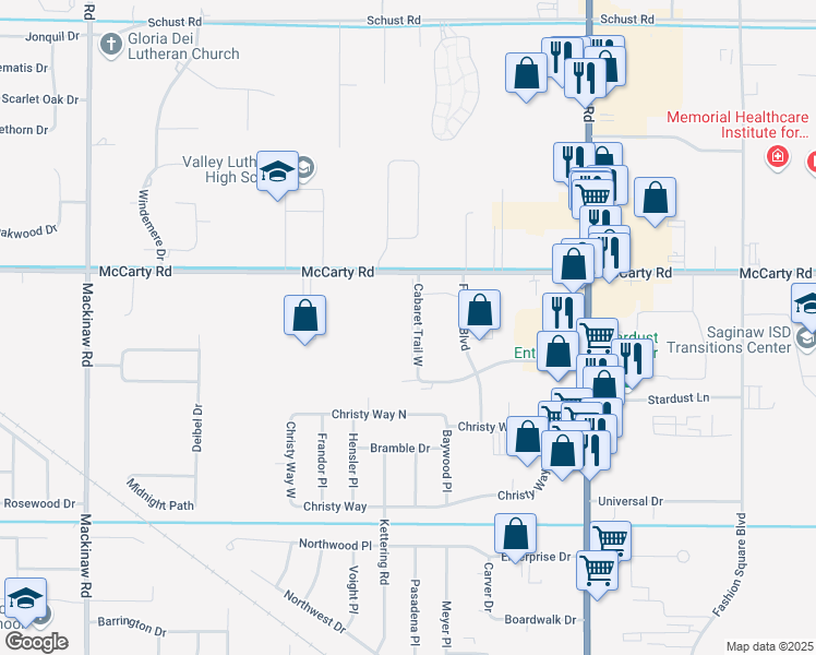 map of restaurants, bars, coffee shops, grocery stores, and more near 3879 Cabaret Trail South in Saginaw