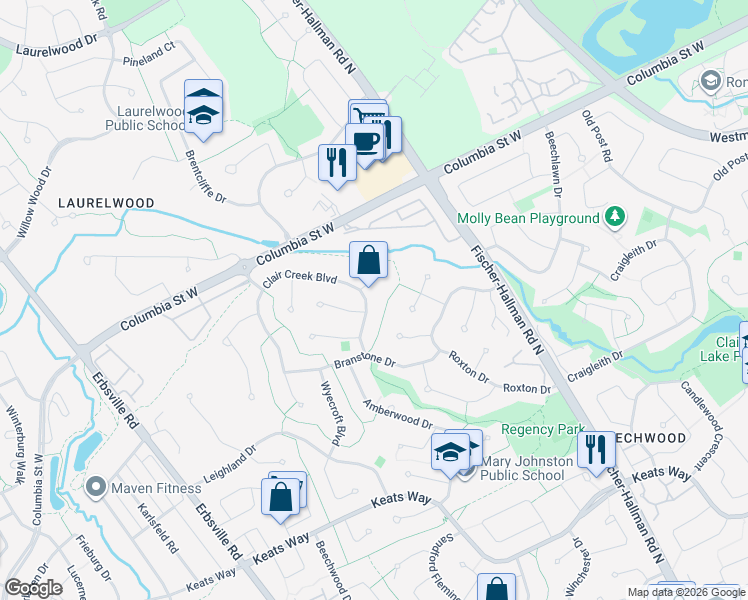 map of restaurants, bars, coffee shops, grocery stores, and more near 498 Clair Creek Boulevard in Waterloo