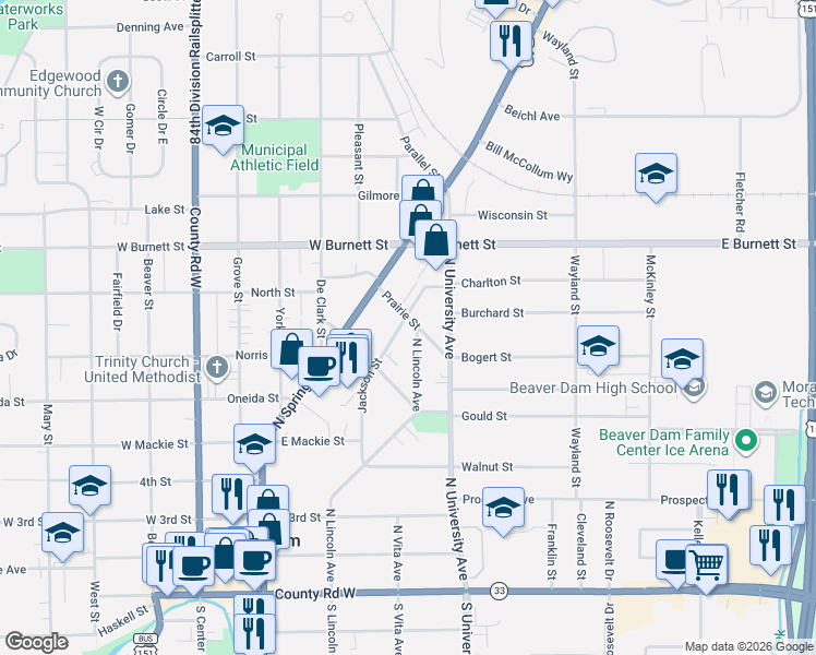 map of restaurants, bars, coffee shops, grocery stores, and more near 329 Jackson St in Beaver Dam