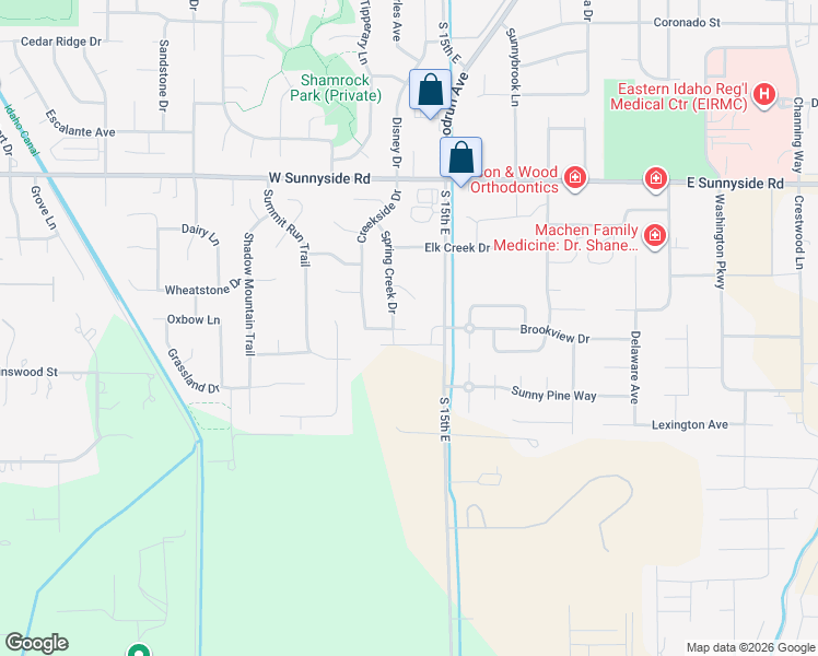map of restaurants, bars, coffee shops, grocery stores, and more near 3785 Creekside Drive in Idaho Falls