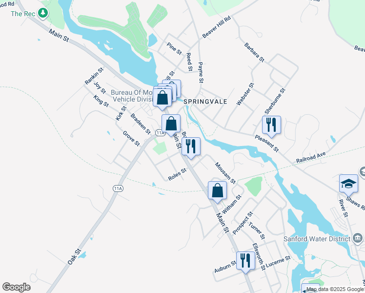 map of restaurants, bars, coffee shops, grocery stores, and more near 496 Main Street in Sanford