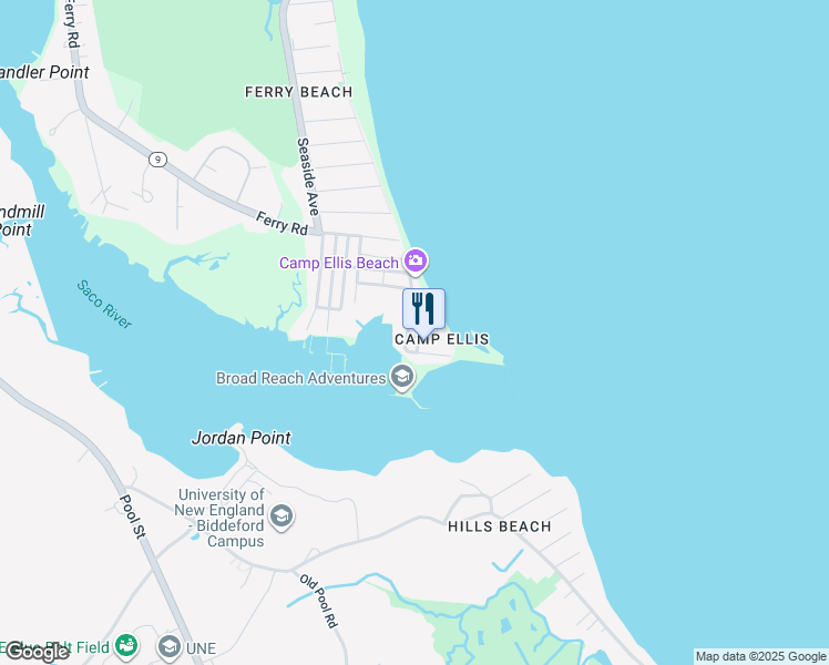 map of restaurants, bars, coffee shops, grocery stores, and more near 2 Beach Avenue in Saco