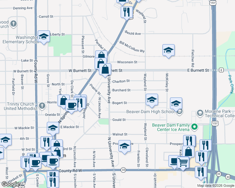 map of restaurants, bars, coffee shops, grocery stores, and more near 115 Burchard Street in Beaver Dam