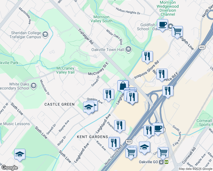 map of restaurants, bars, coffee shops, grocery stores, and more near 1087 Queens Avenue in Oakville