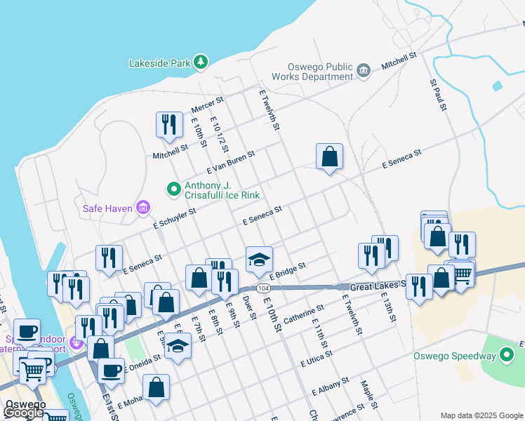 map of restaurants, bars, coffee shops, grocery stores, and more near 153 East Seneca Street in Oswego