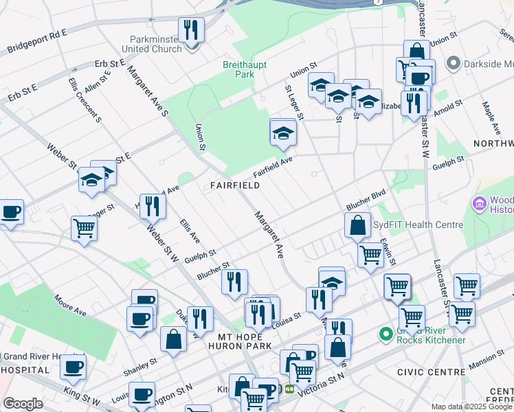 map of restaurants, bars, coffee shops, grocery stores, and more near 276 Margaret Avenue in Kitchener