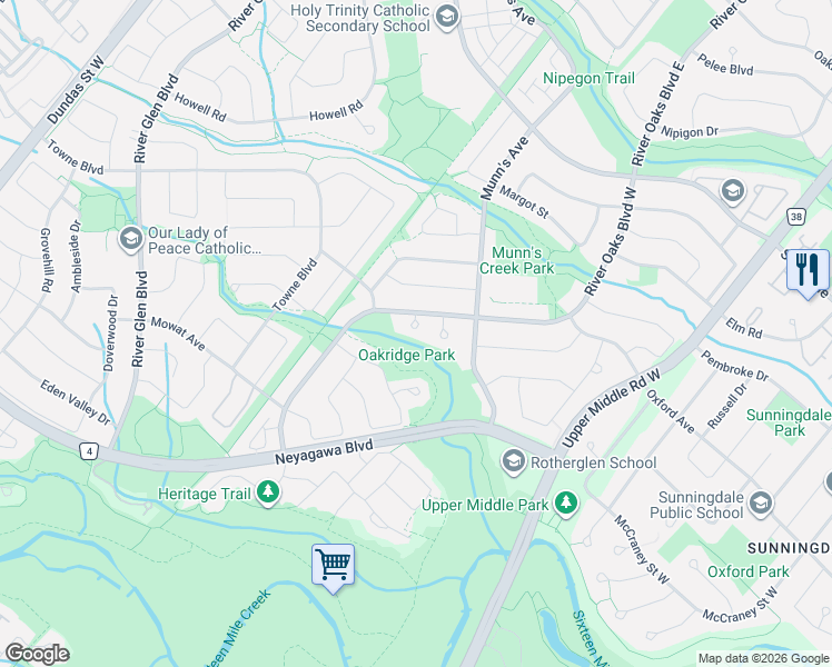 map of restaurants, bars, coffee shops, grocery stores, and more near 2201 Marisha Court in Oakville
