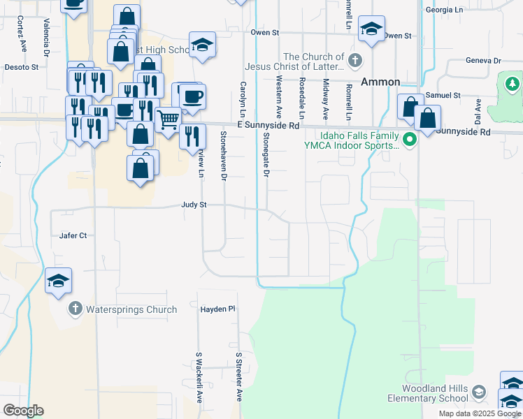 map of restaurants, bars, coffee shops, grocery stores, and more near Judy Street in Idaho Falls