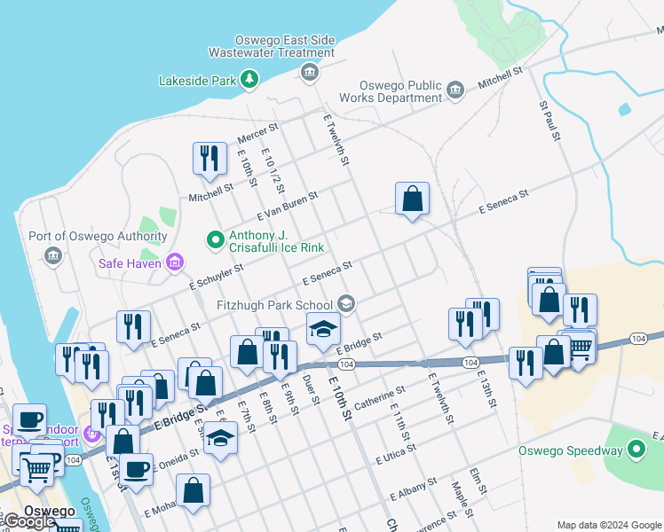 map of restaurants, bars, coffee shops, grocery stores, and more near 153 East Seneca Street in Oswego