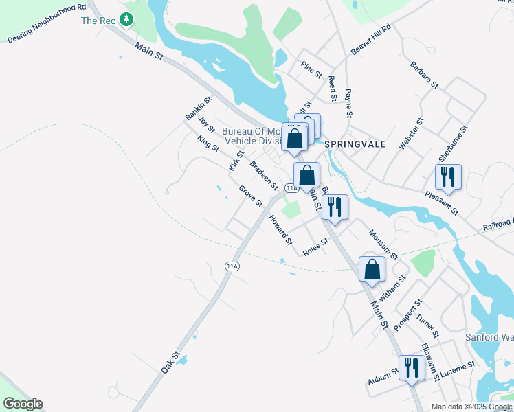 map of restaurants, bars, coffee shops, grocery stores, and more near 2 Grove Street in Sanford