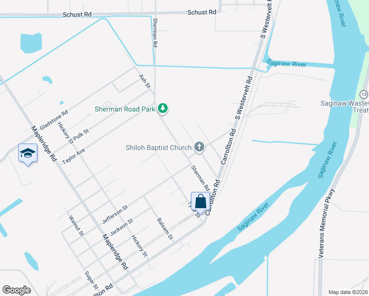 map of restaurants, bars, coffee shops, grocery stores, and more near 315 Grant Street in Saginaw