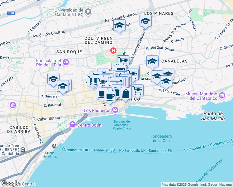 map of restaurants, bars, coffee shops, grocery stores, and more near 7 Calle Bonifaz in Santander