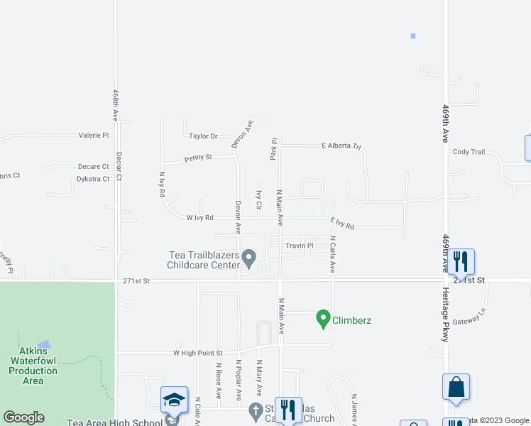 map of restaurants, bars, coffee shops, grocery stores, and more near 2300 Ivy Circle in Tea