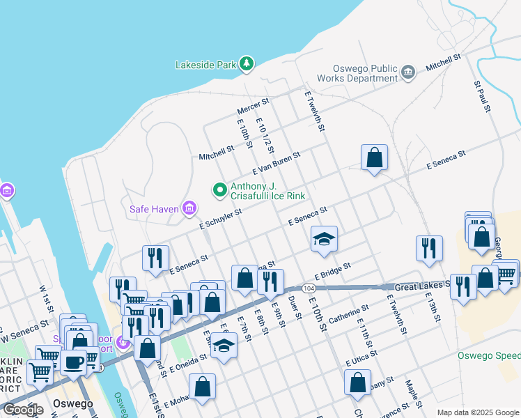 map of restaurants, bars, coffee shops, grocery stores, and more near 104 East Schuyler Street in Oswego