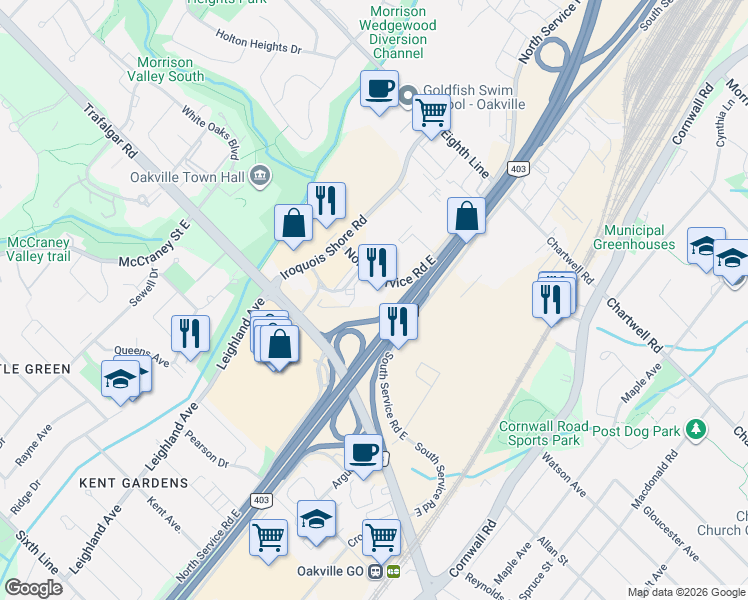 map of restaurants, bars, coffee shops, grocery stores, and more near 420 North Service Road East in Oakville