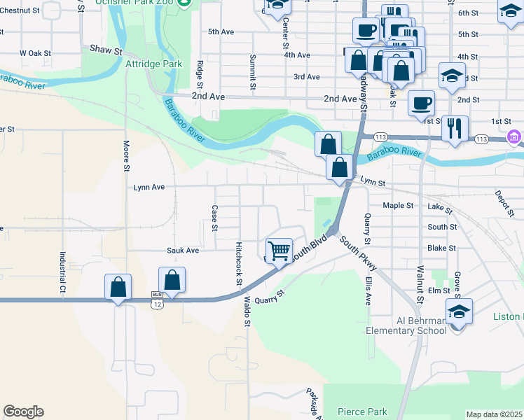 map of restaurants, bars, coffee shops, grocery stores, and more near 515 Badger Drive in Baraboo