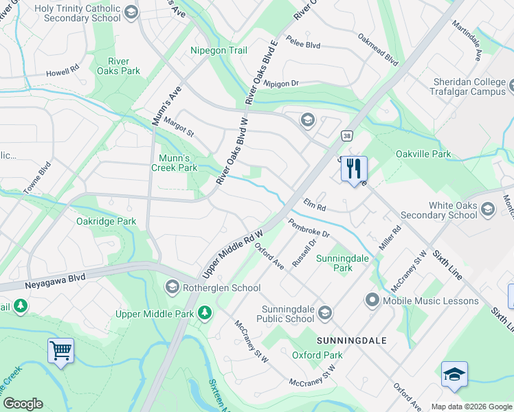 map of restaurants, bars, coffee shops, grocery stores, and more near 2040 Markle Drive in Oakville