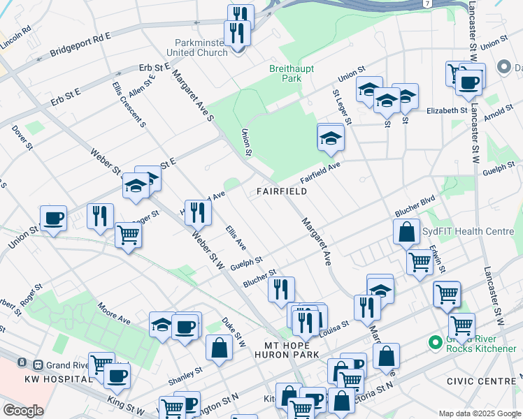 map of restaurants, bars, coffee shops, grocery stores, and more near 82 Brunswick Avenue in Kitchener