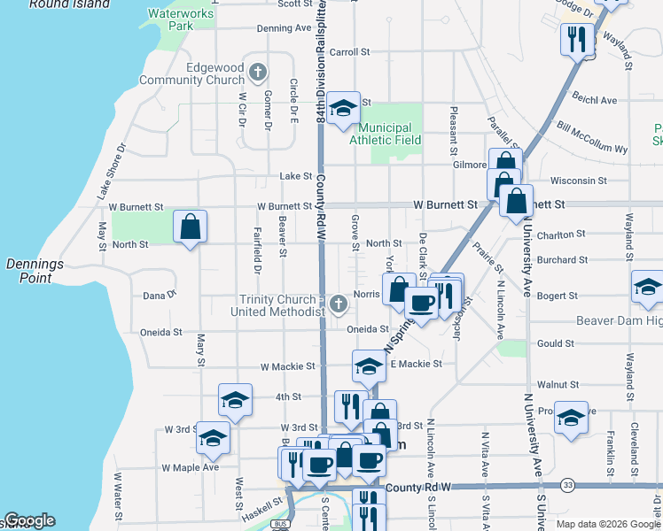 map of restaurants, bars, coffee shops, grocery stores, and more near 715 N Center St in Beaver Dam