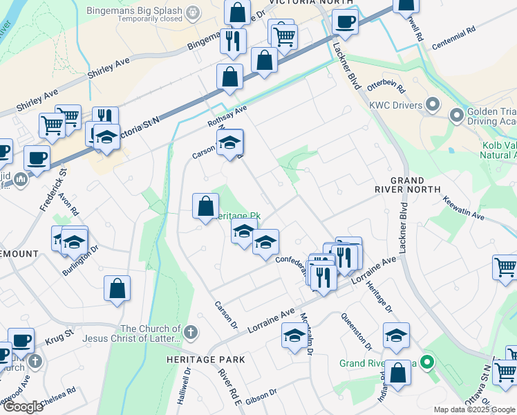 map of restaurants, bars, coffee shops, grocery stores, and more near 195 Natchez Road in Kitchener
