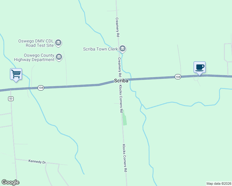 map of restaurants, bars, coffee shops, grocery stores, and more near 63 Klocks Corners Road in Oswego