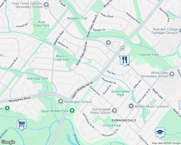 map of restaurants, bars, coffee shops, grocery stores, and more near 2034 Markle Drive in Oakville