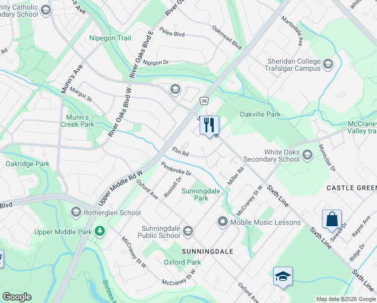 map of restaurants, bars, coffee shops, grocery stores, and more near 1505 Elm Road in Oakville