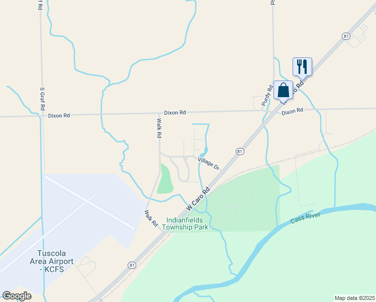 map of restaurants, bars, coffee shops, grocery stores, and more near Woodside Drive in Caro