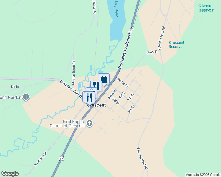 map of restaurants, bars, coffee shops, grocery stores, and more near 136863 U.S. 97 in Crescent