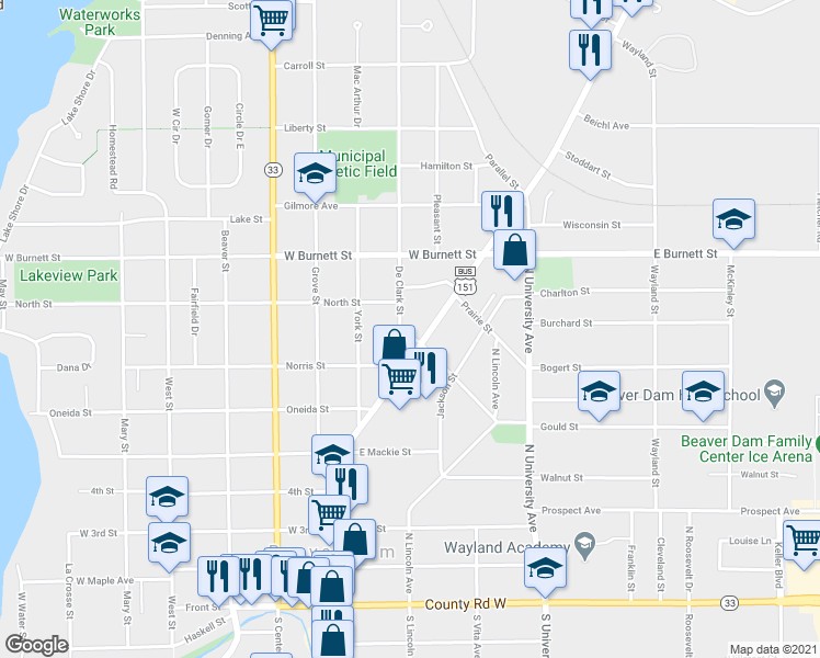map of restaurants, bars, coffee shops, grocery stores, and more near 108 West Main Street in Beaver Dam