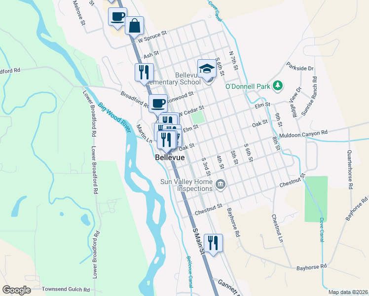 map of restaurants, bars, coffee shops, grocery stores, and more near 122 Oak Street in Bellevue