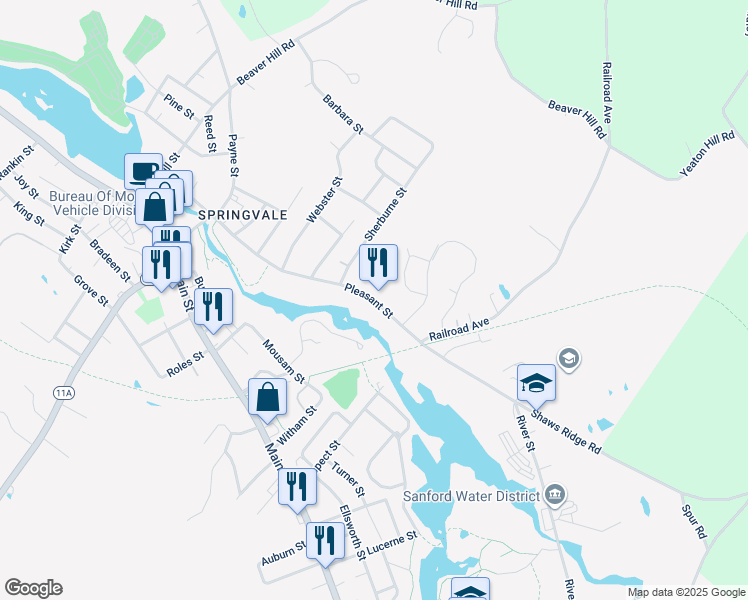 map of restaurants, bars, coffee shops, grocery stores, and more near 85 Pleasant Street in Sanford