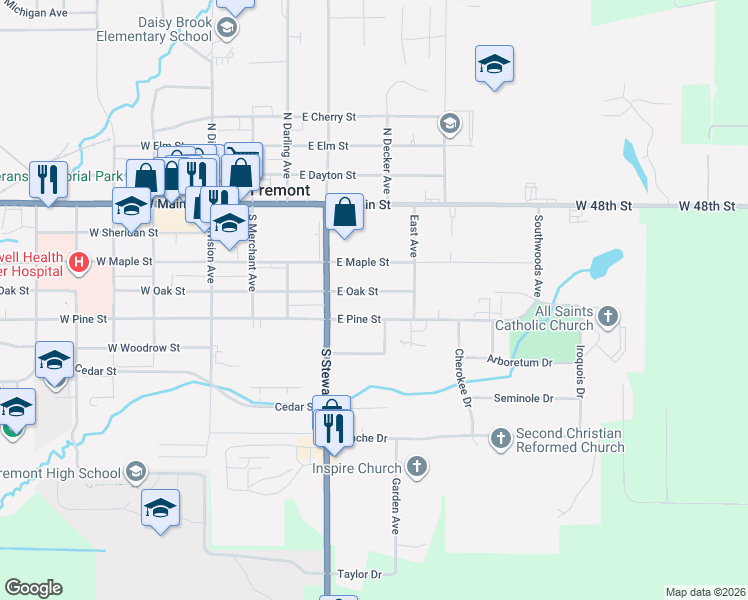 map of restaurants, bars, coffee shops, grocery stores, and more near 334 E Oak St in Fremont