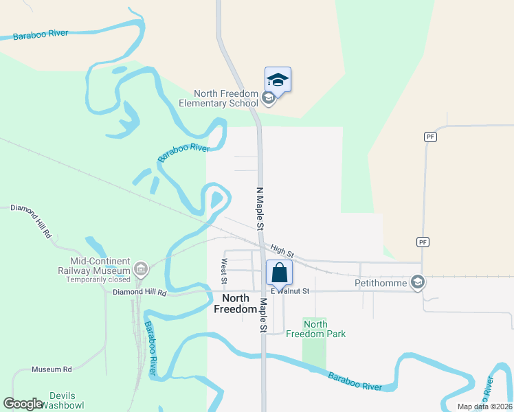 map of restaurants, bars, coffee shops, grocery stores, and more near 407 North Maple Street in North Freedom