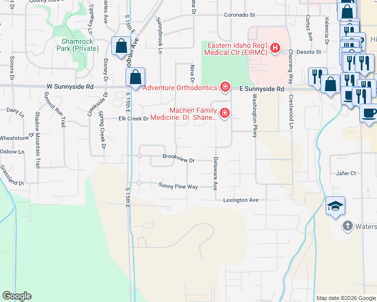 map of restaurants, bars, coffee shops, grocery stores, and more near 1760 Strawberry Place in Idaho Falls