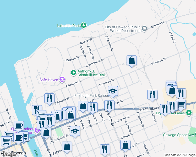 map of restaurants, bars, coffee shops, grocery stores, and more near 3 Mary Street in Oswego