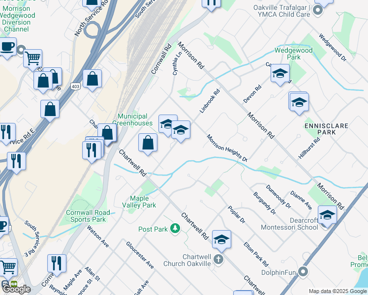 map of restaurants, bars, coffee shops, grocery stores, and more near 1080 Linbrook Road in Oakville