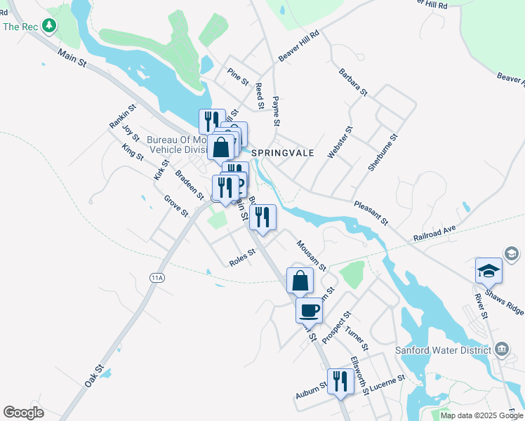 map of restaurants, bars, coffee shops, grocery stores, and more near 496 Main Street in Sanford