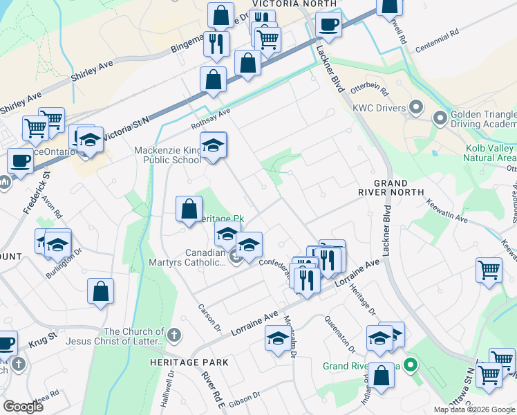map of restaurants, bars, coffee shops, grocery stores, and more near 200 Natchez Road in Kitchener