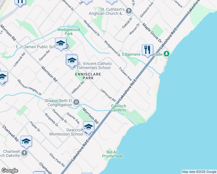 map of restaurants, bars, coffee shops, grocery stores, and more near 150 Dornie Road in Oakville