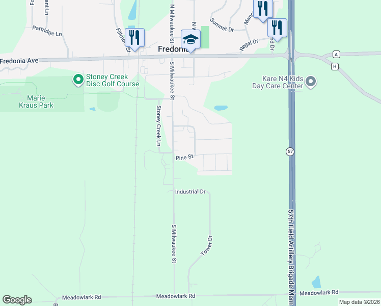 map of restaurants, bars, coffee shops, grocery stores, and more near 312 Pine Street in Fredonia