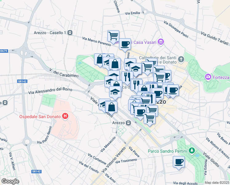 map of restaurants, bars, coffee shops, grocery stores, and more near 3 Via Filippo Lippi in Arezzo