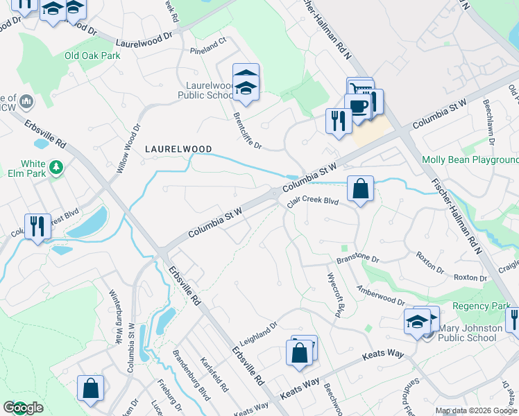 map of restaurants, bars, coffee shops, grocery stores, and more near 365 Bennington Gate in Waterloo