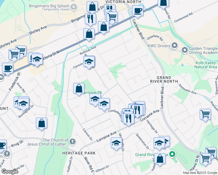 map of restaurants, bars, coffee shops, grocery stores, and more near 200 Natchez Road in Kitchener