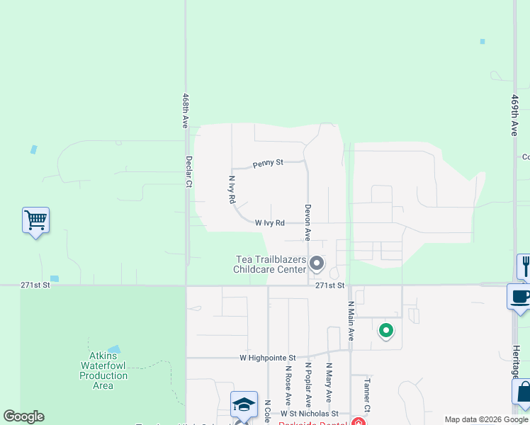 map of restaurants, bars, coffee shops, grocery stores, and more near 2305 Sienna Circle in Tea